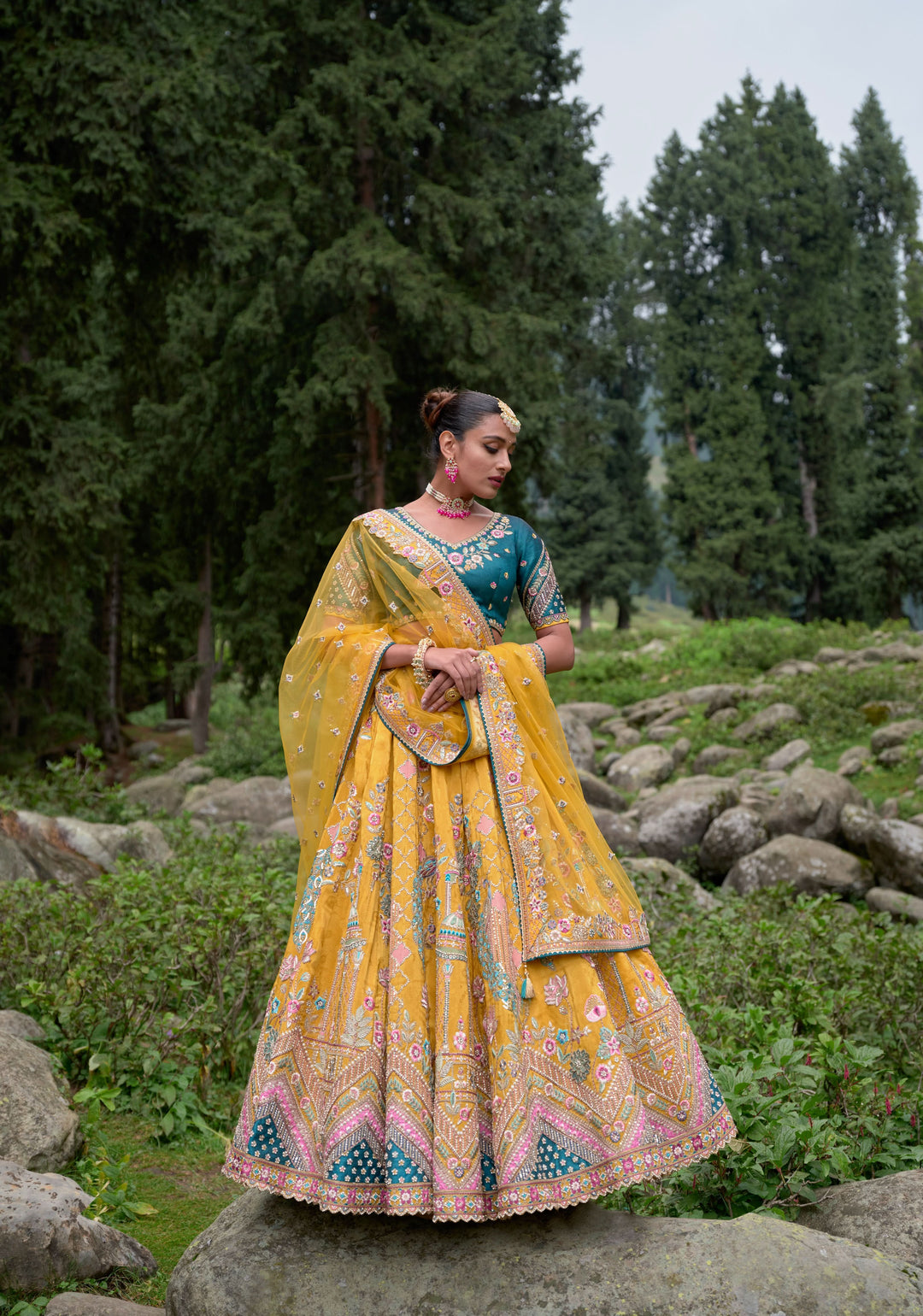 Yellow Jacquard Lehenga Set with embroidery and can-can, Customizable, Made to order