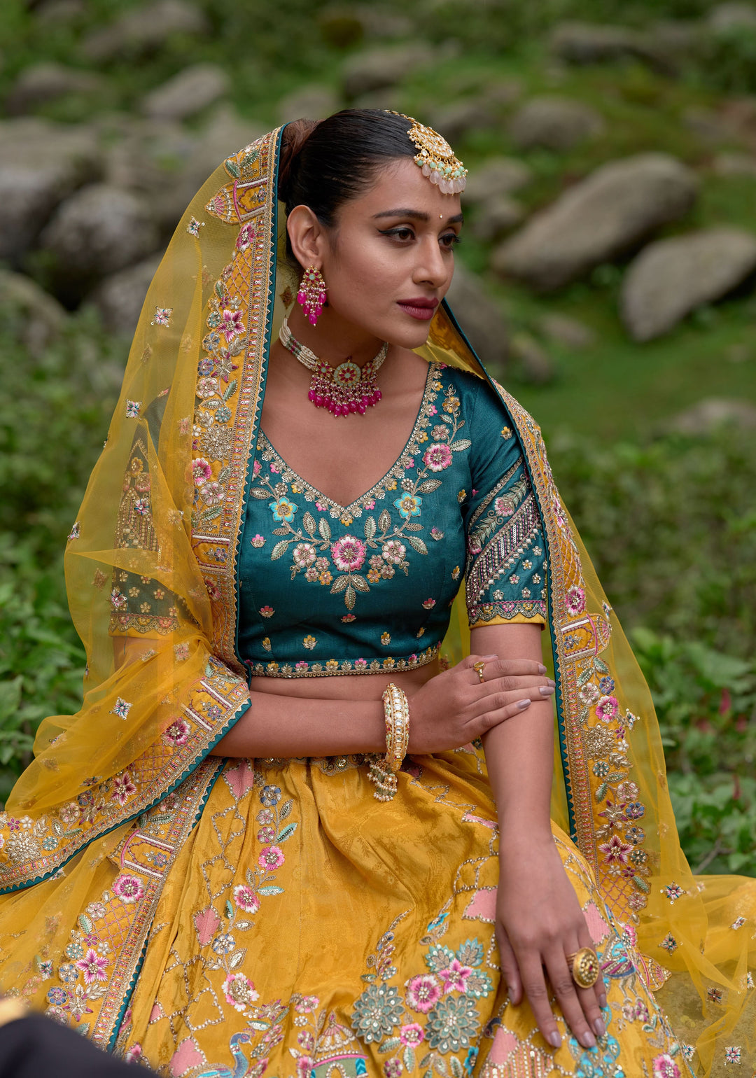 Yellow Jacquard Lehenga Set with embroidery and can-can, Customizable, Made to order