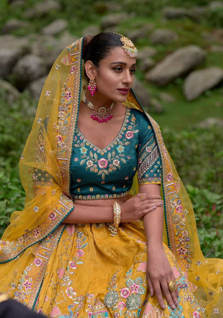 Yellow Jacquard Lehenga Set with embroidery and can-can, Customizable, Made to order