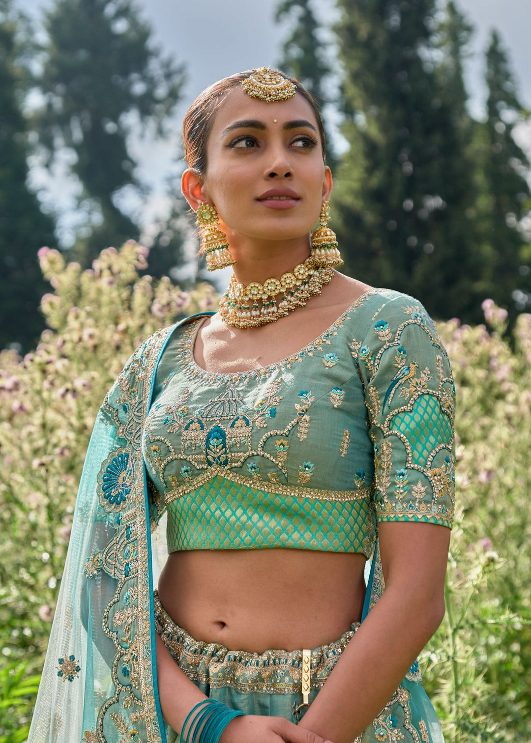 Pretty Aqua Jacquard Lehenga Set with embroidery and can-can, Customizable, Made to order