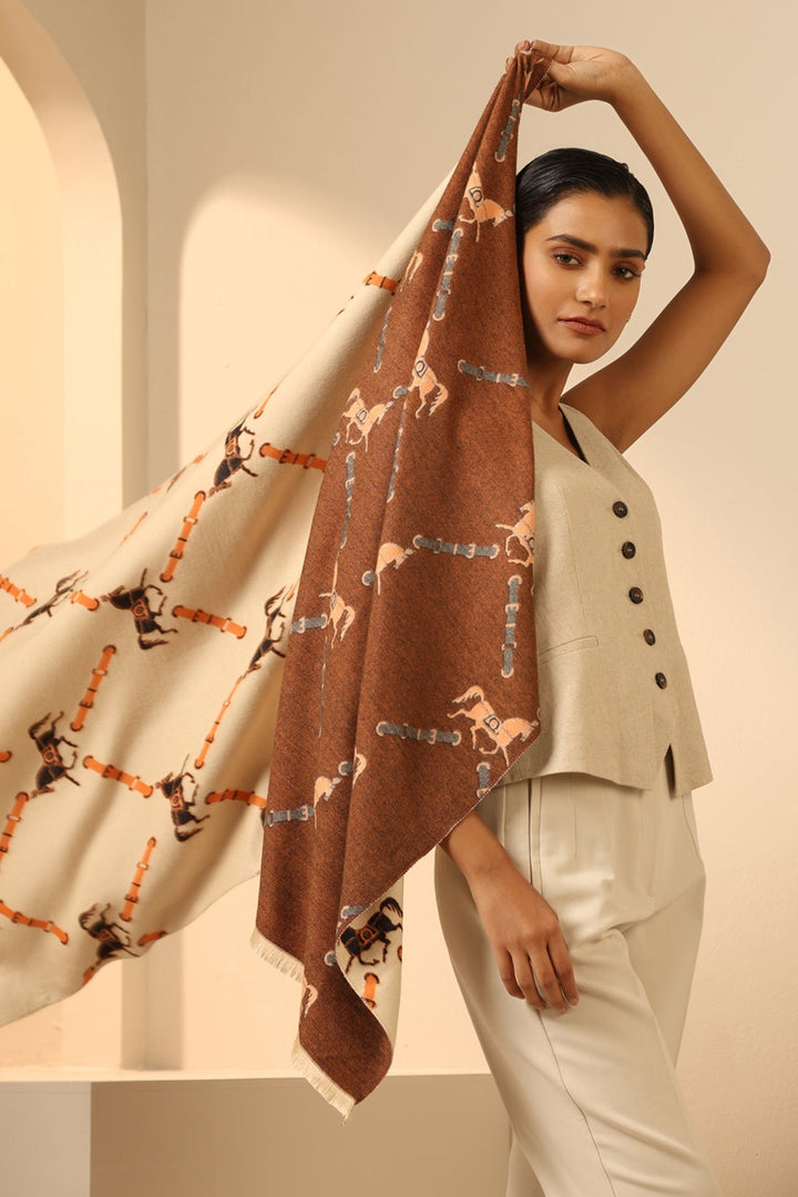 Cream and Brown Vegan Cashmere Stole 80 by 28