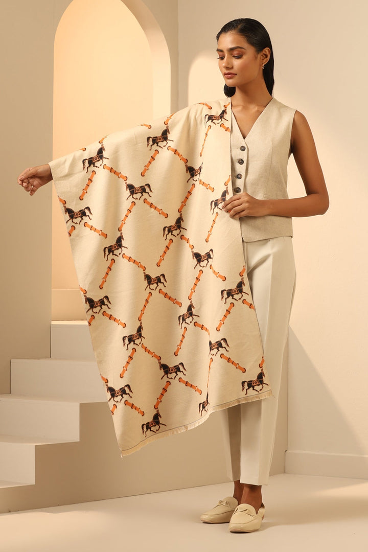 Cream and Brown Vegan Cashmere Stole 80 by 28