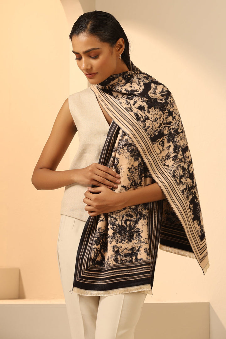 Cream and Black Vegan Cashmere Stole