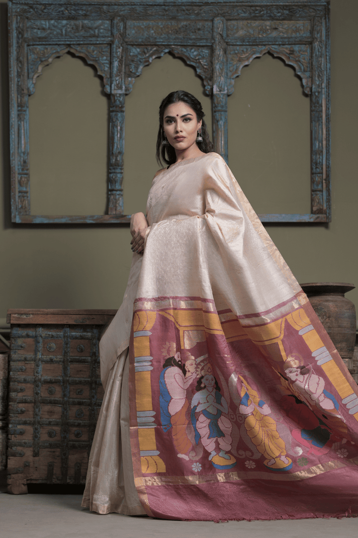Beige Ghicha Silk Saree with Ram Darbar Handpainted on Pallu and Zari Border | SILK MARK CERTIFIED