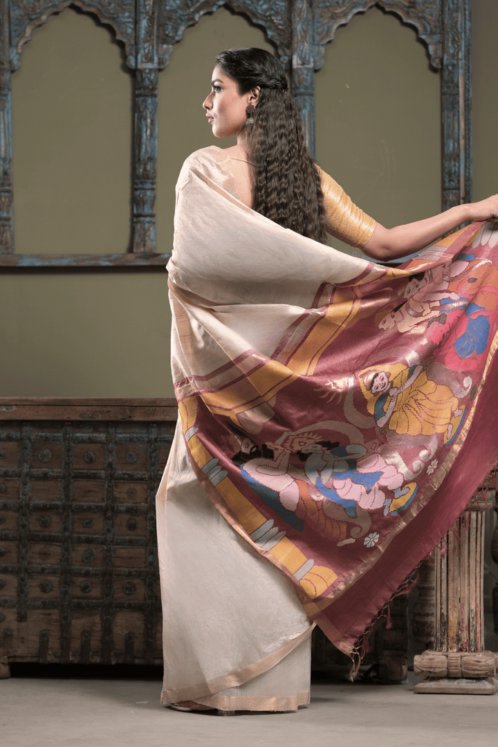 Beige Ghicha Silk Saree with Ram Darbar Handpainted on Pallu and Zari Border | SILK MARK CERTIFIED