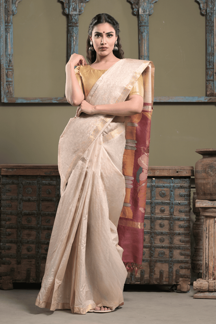 Beige Ghicha Silk Saree with Ram Darbar Handpainted on Pallu and Zari Border | SILK MARK CERTIFIED