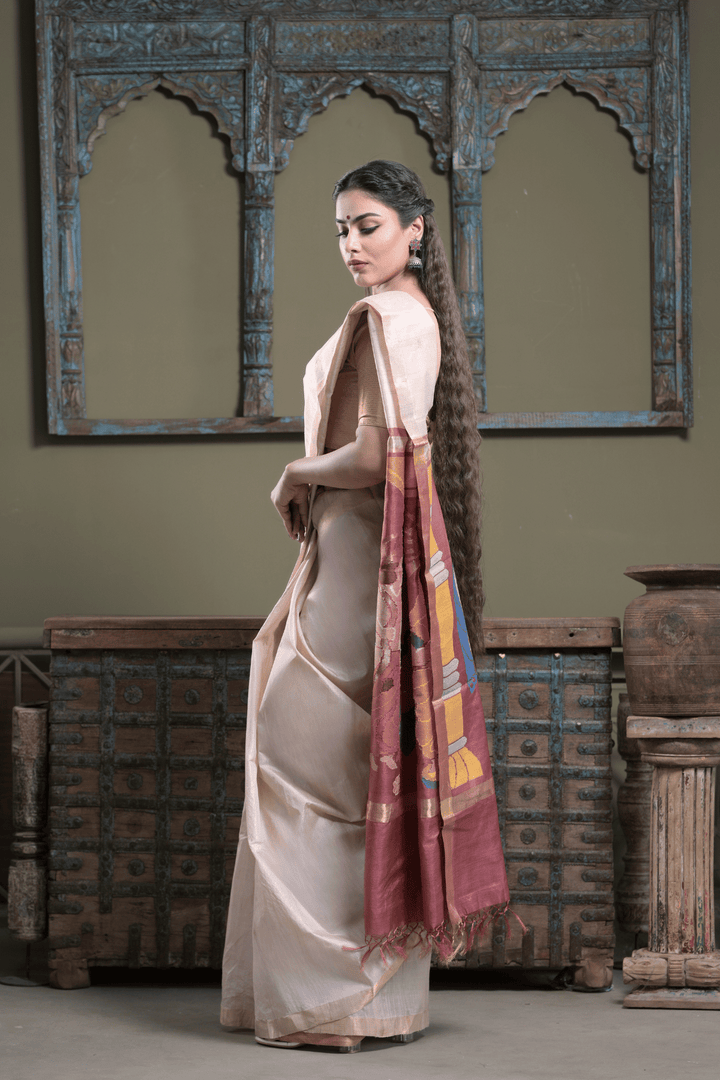 Beige Ghicha Silk Saree with Ram Darbar Handpainted on Pallu and Zari Border | SILK MARK CERTIFIED