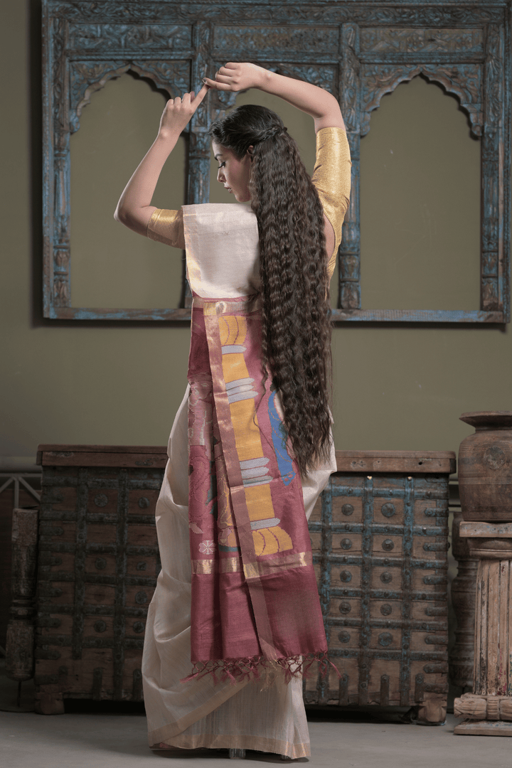 Beige Ghicha Silk Saree with Ram Darbar Handpainted on Pallu and Zari Border | SILK MARK CERTIFIED