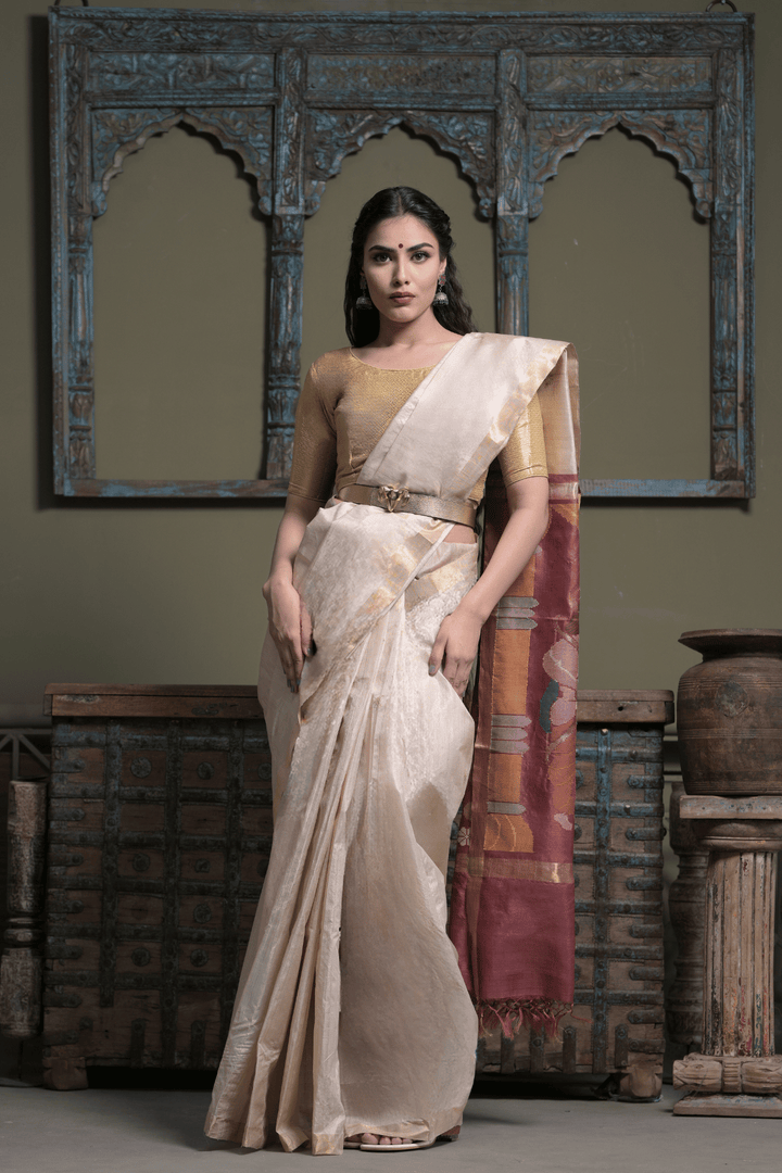 Beige Ghicha Silk Saree with Ram Darbar Handpainted on Pallu and Zari Border | SILK MARK CERTIFIED