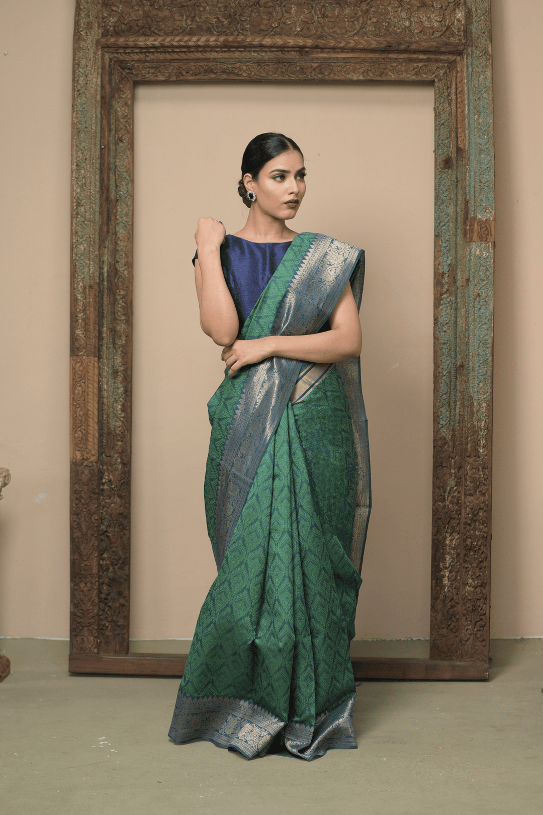 Green Brahmi Spun Silk Saree with Self Brocade and Contrast Zari Border | SILK MARK CERTIFIED