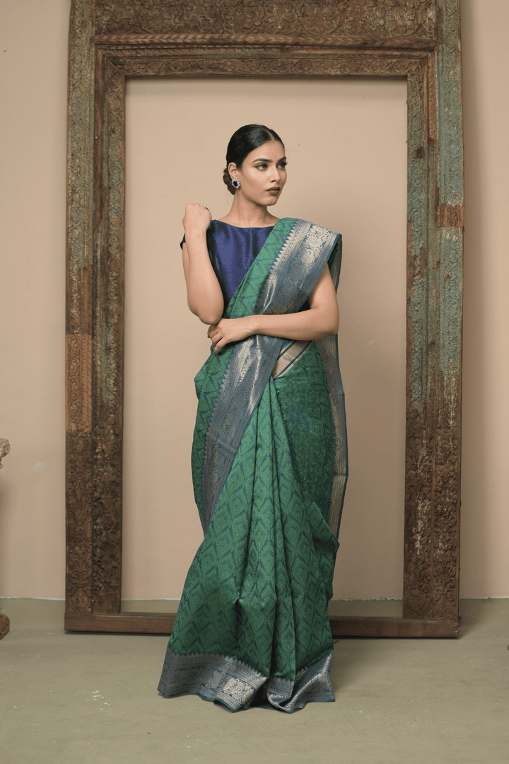 Green Brahmi Spun Silk Saree with Self Brocade and Contrast Zari Border | SILK MARK CERTIFIED