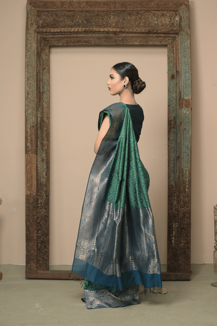 Green Brahmi Spun Silk Saree with Self Brocade and Contrast Zari Border | SILK MARK CERTIFIED