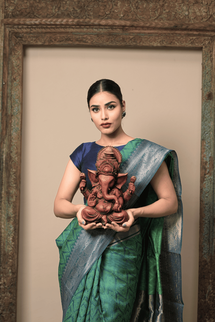 Green Brahmi Spun Silk Saree with Self Brocade and Contrast Zari Border | SILK MARK CERTIFIED