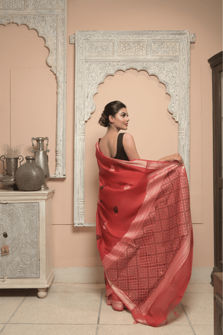 Red Chita Spun Silk Saree with Meenakari Buttas and Zari Border | SILK MARK CERTIFIED