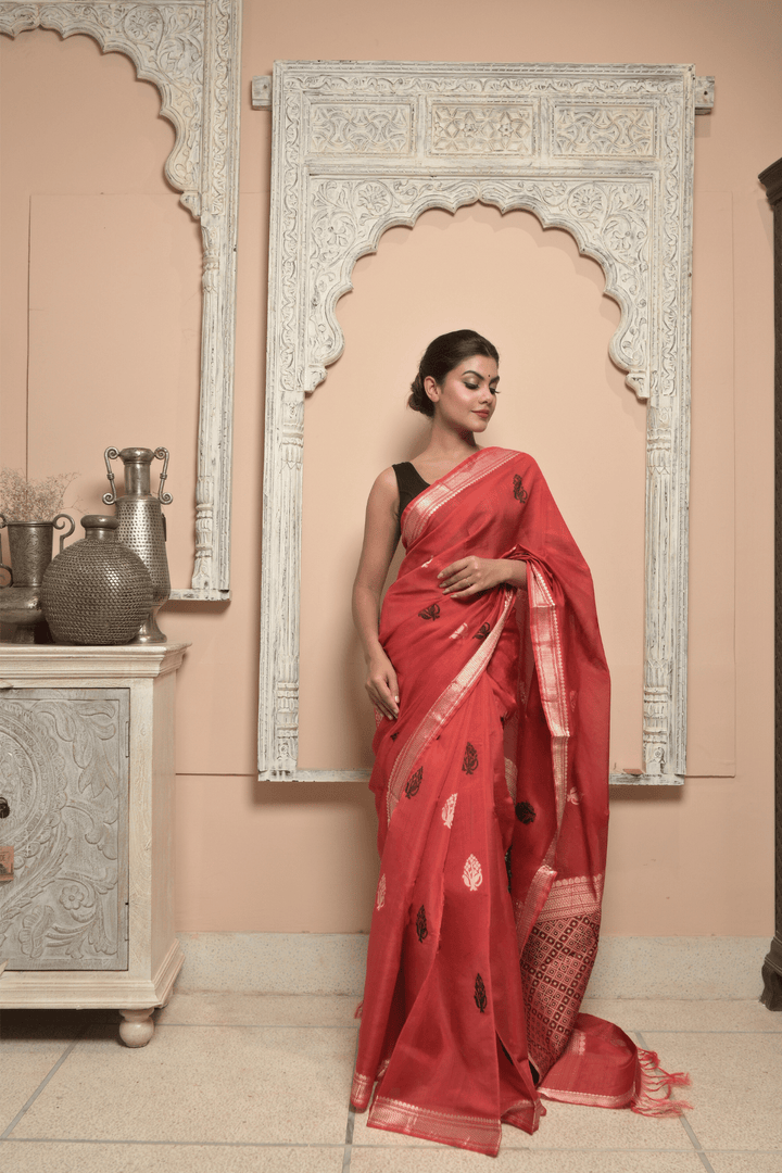 Red Chita Spun Silk Saree with Meenakari Buttas and Zari Border | SILK MARK CERTIFIED