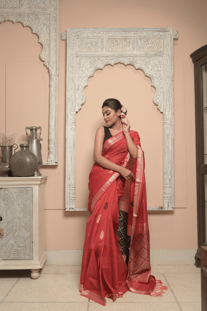 Red Chita Spun Silk Saree with Meenakari Buttas and Zari Border | SILK MARK CERTIFIED