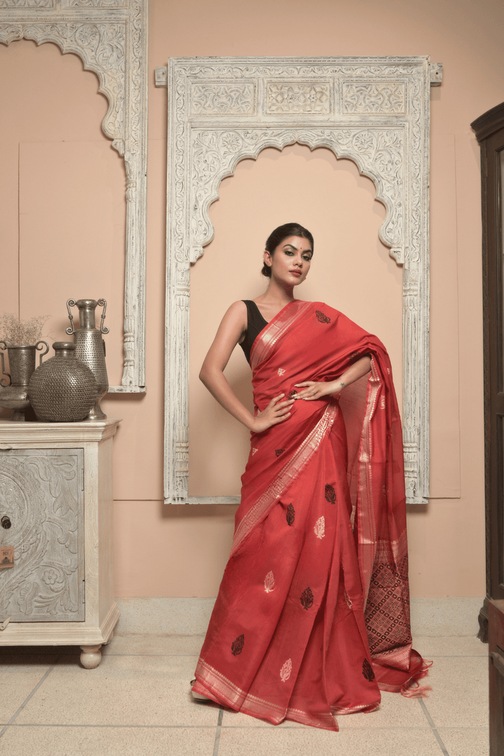 Red Chita Spun Silk Saree with Meenakari Buttas and Zari Border | SILK MARK CERTIFIED