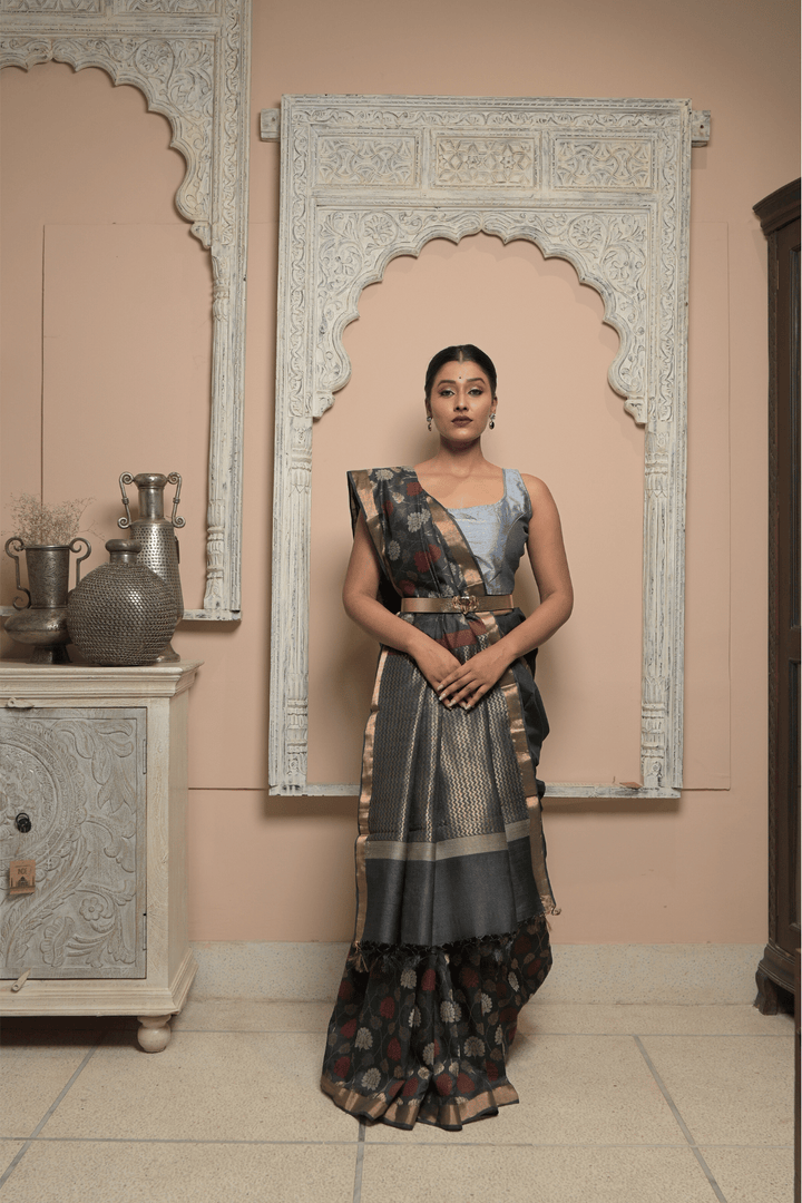 Black Muktakesha Spun Silk Saree with Meenakari Floral Brocade Jaal and Zari Border | SILK MARK CERTIFIED