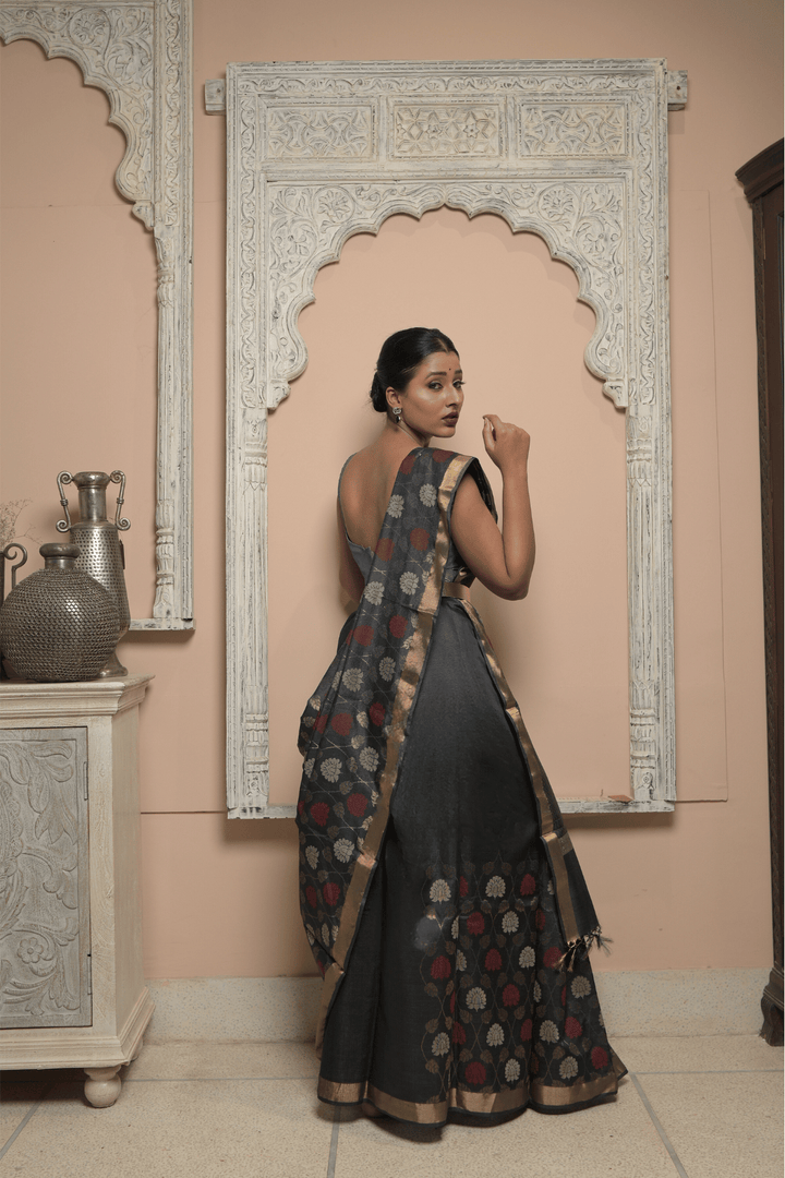 Black Muktakesha Spun Silk Saree with Meenakari Floral Brocade Jaal and Zari Border | SILK MARK CERTIFIED