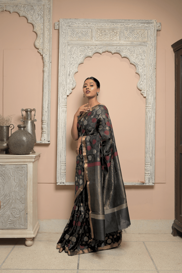 Black Muktakesha Spun Silk Saree with Meenakari Floral Brocade Jaal and Zari Border | SILK MARK CERTIFIED