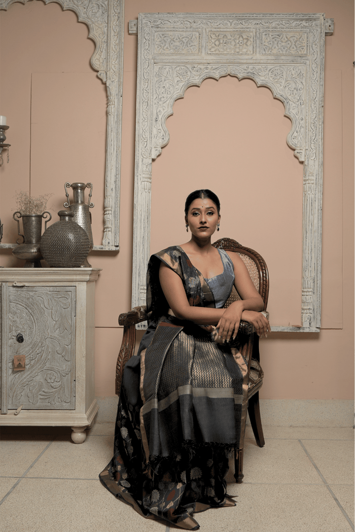 Black Muktakesha Spun Silk Saree with Meenakari Floral Brocade Jaal and Zari Border | SILK MARK CERTIFIED