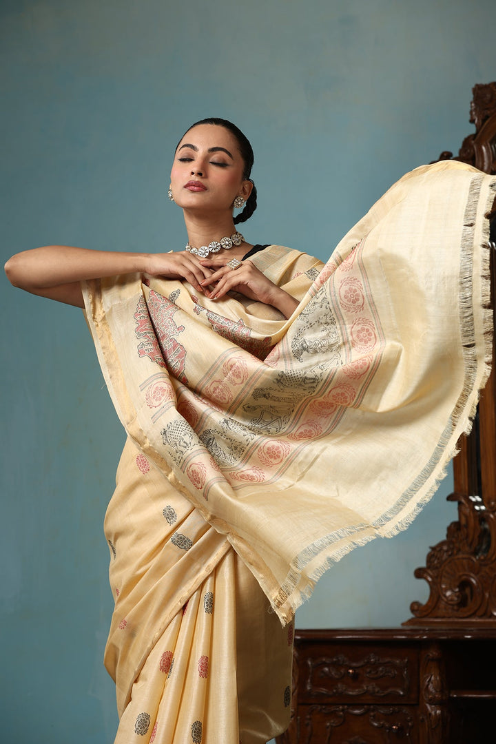 Beige Handwoven Authentic Chattisgarhi Kosa Silk Saree with Unique Design and Zari Border | SILK MARK CERTIFIED