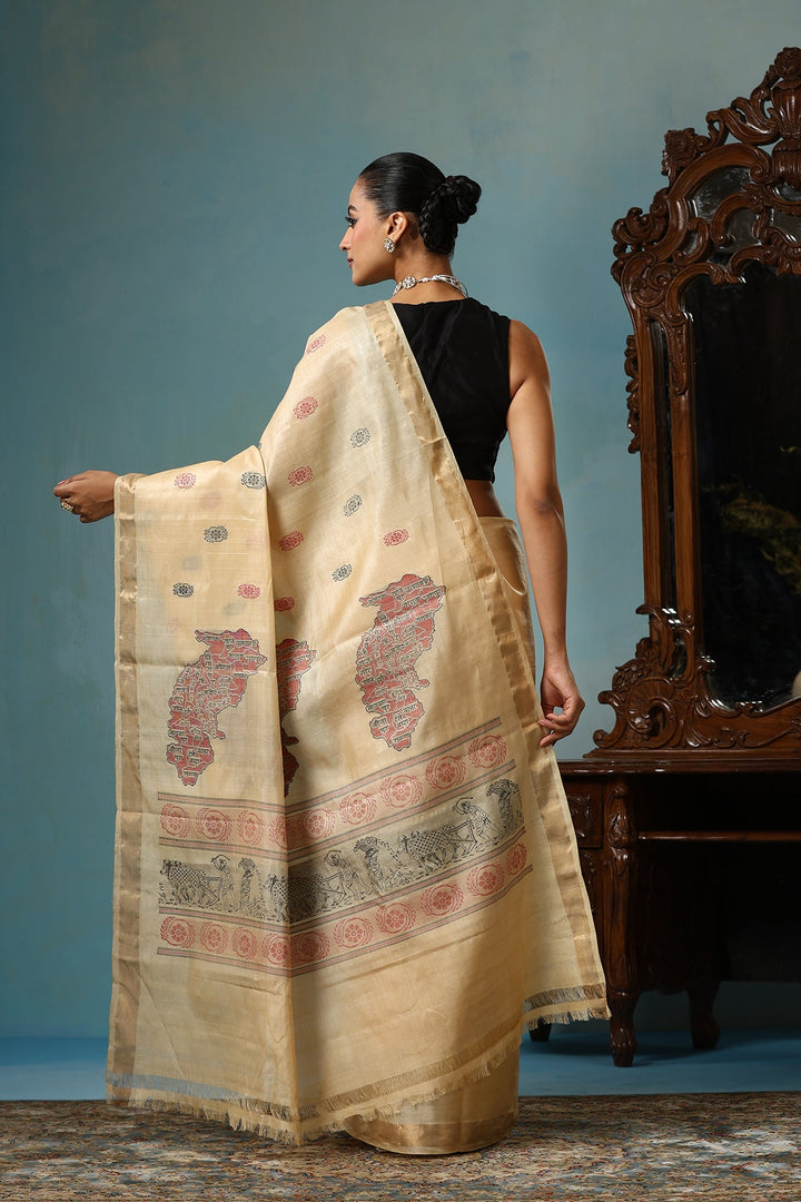 Beige Handwoven Authentic Chattisgarhi Kosa Silk Saree with Unique Design and Zari Border | SILK MARK CERTIFIED