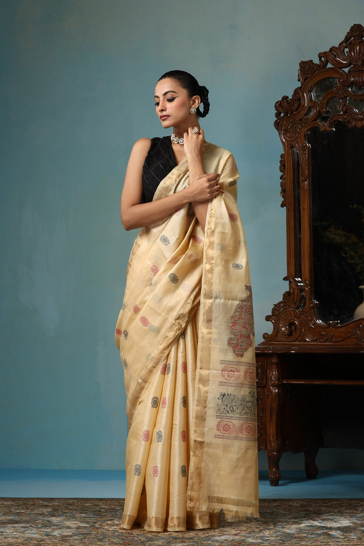Beige Handwoven Authentic Chattisgarhi Kosa Silk Saree with Unique Design and Zari Border | SILK MARK CERTIFIED