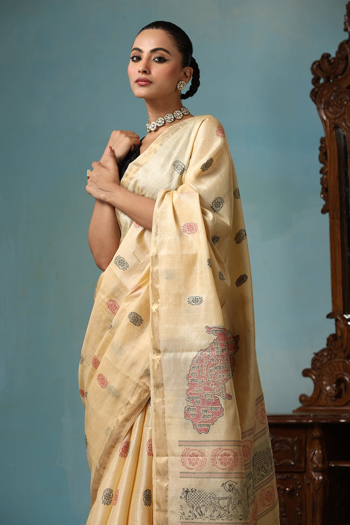Beige Handwoven Authentic Chattisgarhi Kosa Silk Saree with Unique Design and Zari Border | SILK MARK CERTIFIED
