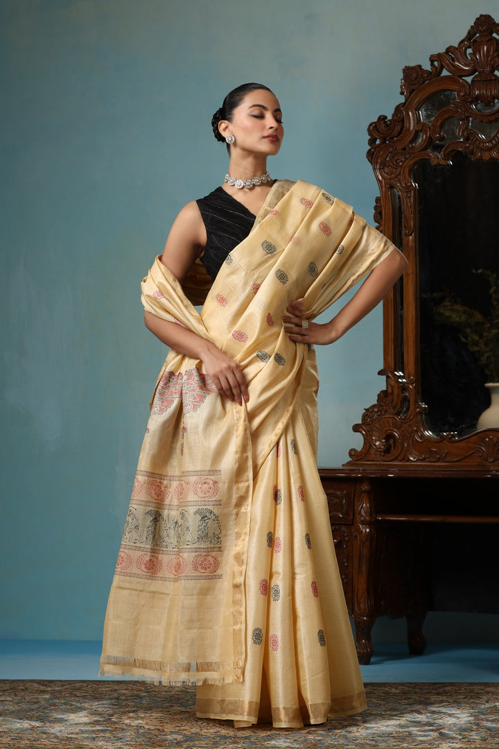 Beige Handwoven Authentic Chattisgarhi Kosa Silk Saree with Unique Design and Zari Border | SILK MARK CERTIFIED