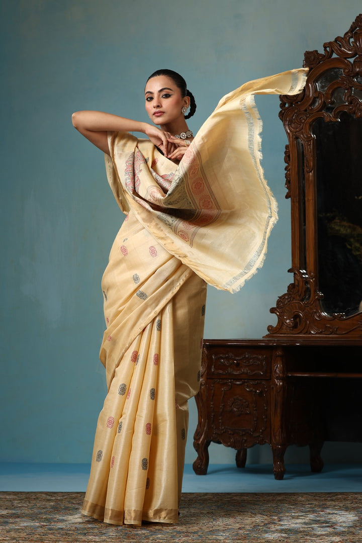Beige Handwoven Authentic Chattisgarhi Kosa Silk Saree with Unique Design and Zari Border | SILK MARK CERTIFIED
