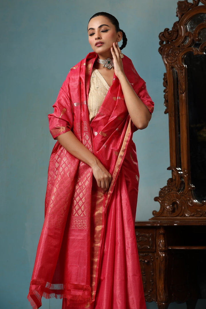 Peachy Red Chattisgarhi Kosa Silk Saree with Sona Rupa Fish Motifs and Zari Border | SILK MARK CERTIFIED