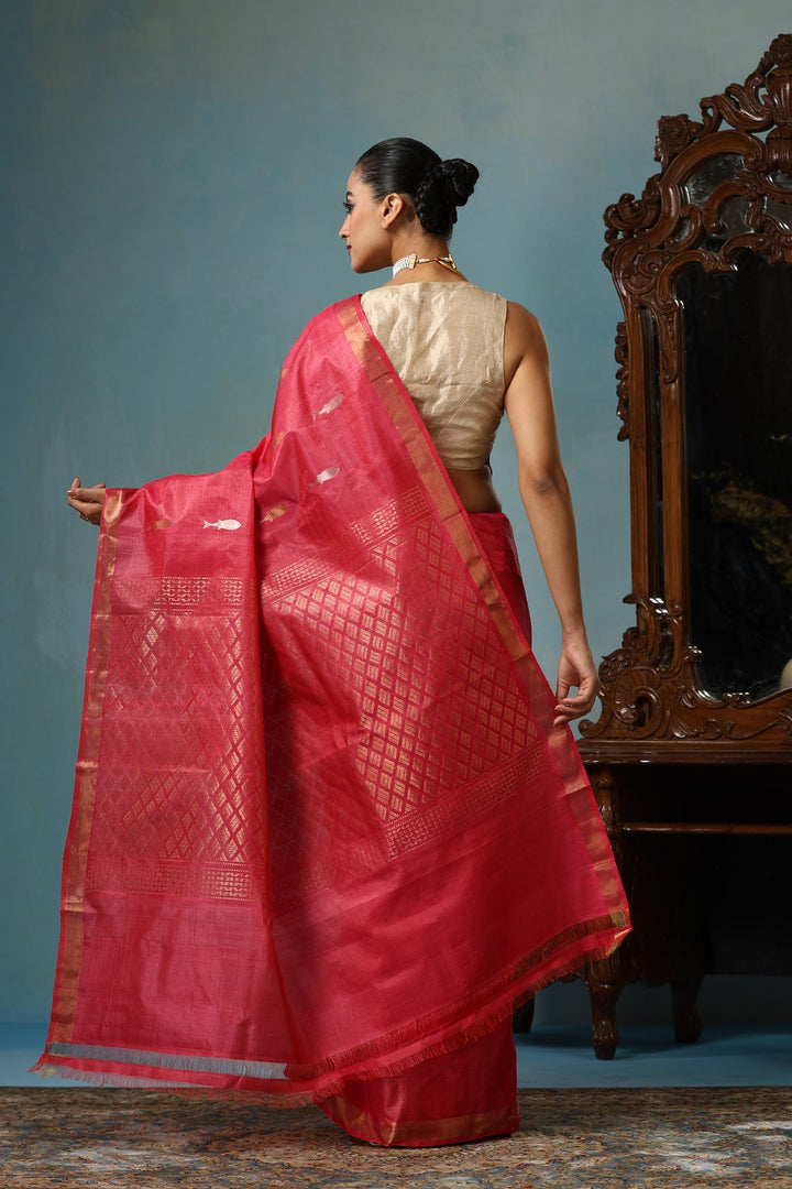 Peachy Red Chattisgarhi Kosa Silk Saree with Sona Rupa Fish Motifs and Zari Border | SILK MARK CERTIFIED