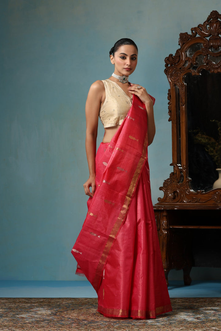 Peachy Red Chattisgarhi Kosa Silk Saree with Sona Rupa Fish Motifs and Zari Border | SILK MARK CERTIFIED