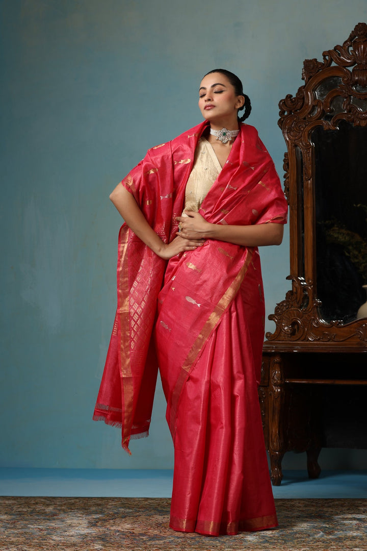 Peachy Red Chattisgarhi Kosa Silk Saree with Sona Rupa Fish Motifs and Zari Border | SILK MARK CERTIFIED