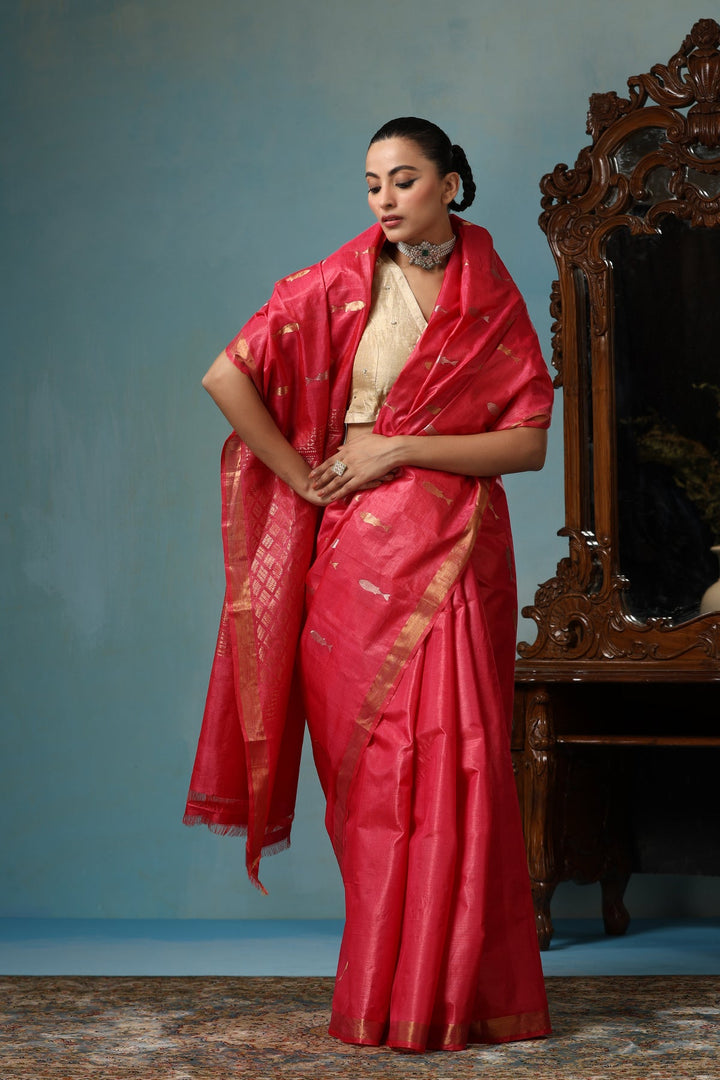 Peachy Red Chattisgarhi Kosa Silk Saree with Sona Rupa Fish Motifs and Zari Border | SILK MARK CERTIFIED