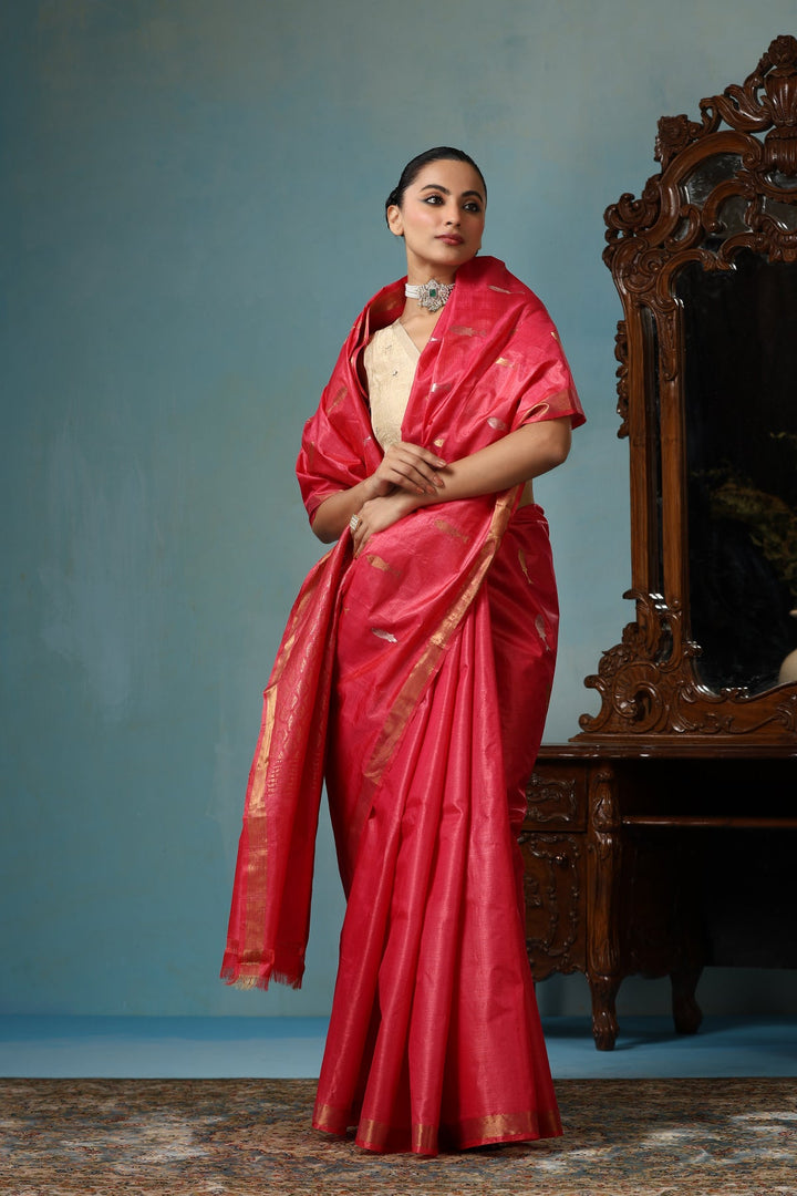 Peachy Red Chattisgarhi Kosa Silk Saree with Sona Rupa Fish Motifs and Zari Border | SILK MARK CERTIFIED