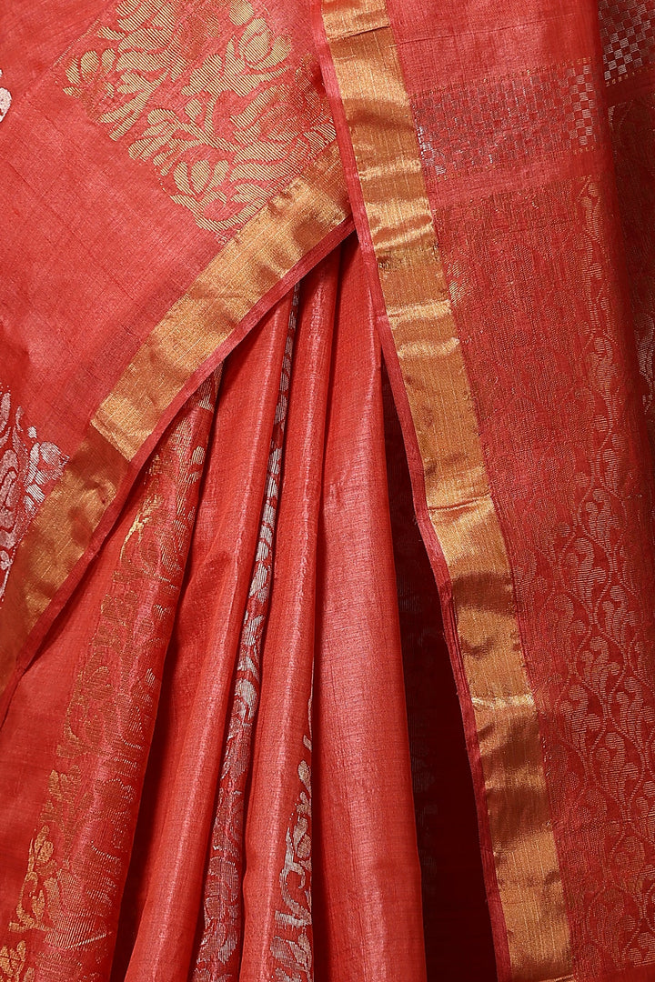 Red Handwoven Pure Chattisgarhi Kosa silk saree with lotus design muted zari stripes| SILK MARK CERTIFIED