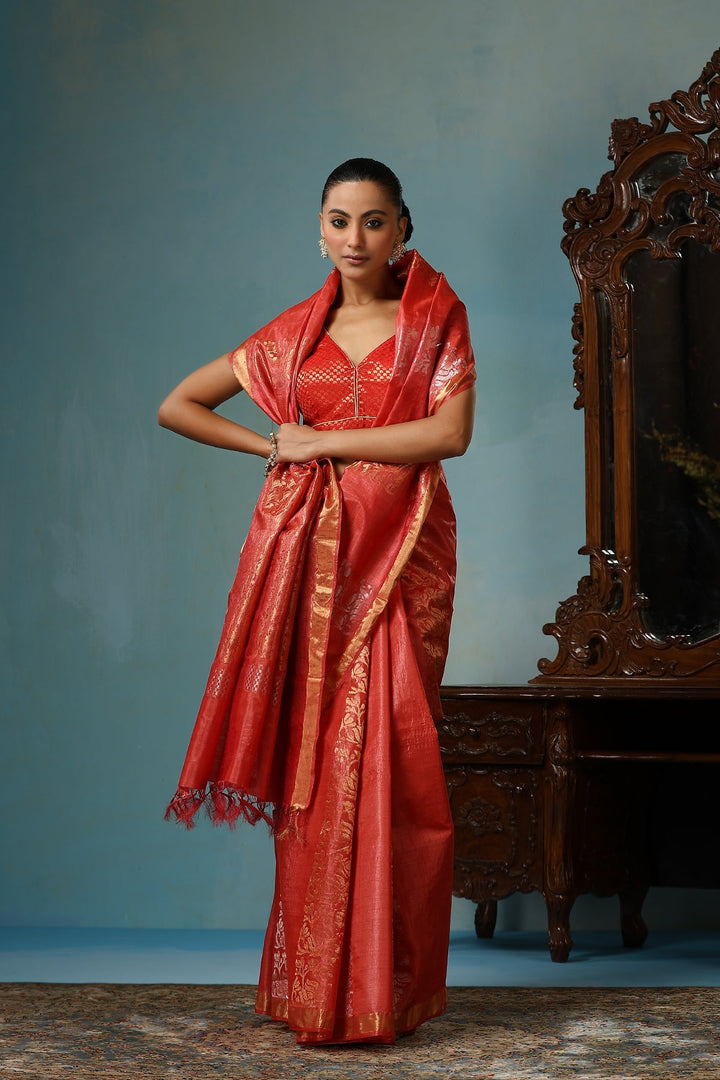 Red Handwoven Pure Chattisgarhi Kosa silk saree with lotus design muted zari stripes| SILK MARK CERTIFIED