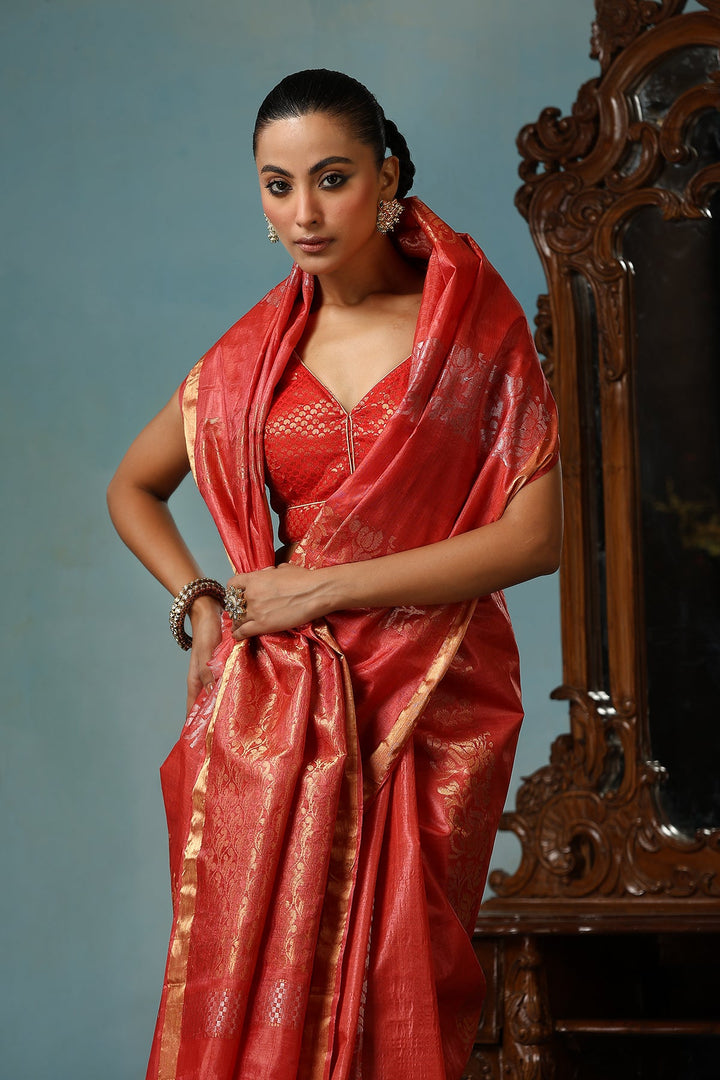 Red Handwoven Pure Chattisgarhi Kosa silk saree with lotus design muted zari stripes| SILK MARK CERTIFIED