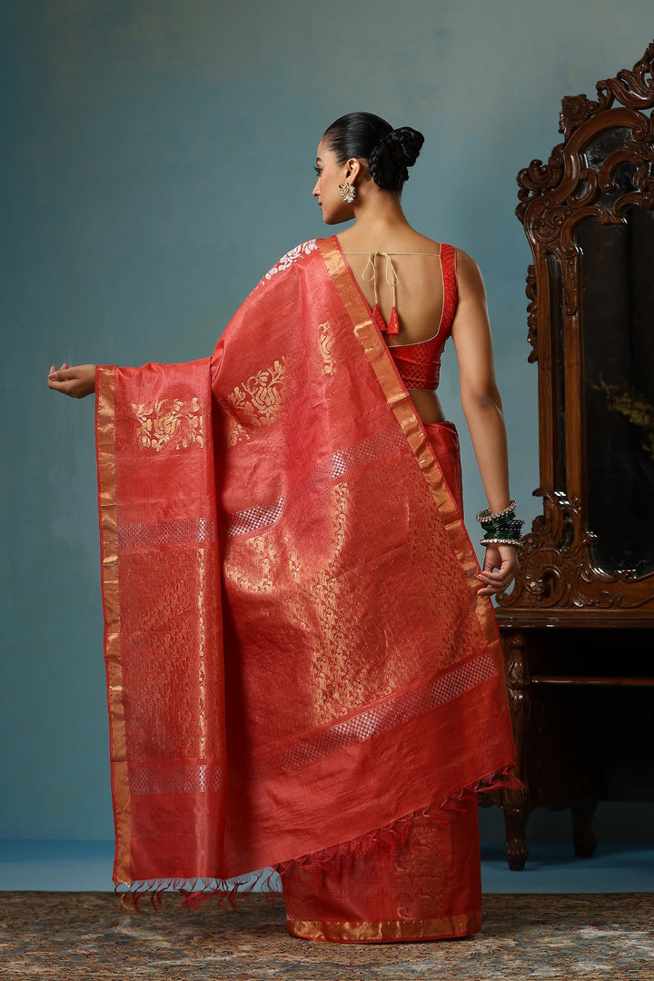 Red Handwoven Pure Chattisgarhi Kosa silk saree with lotus design muted zari stripes| SILK MARK CERTIFIED