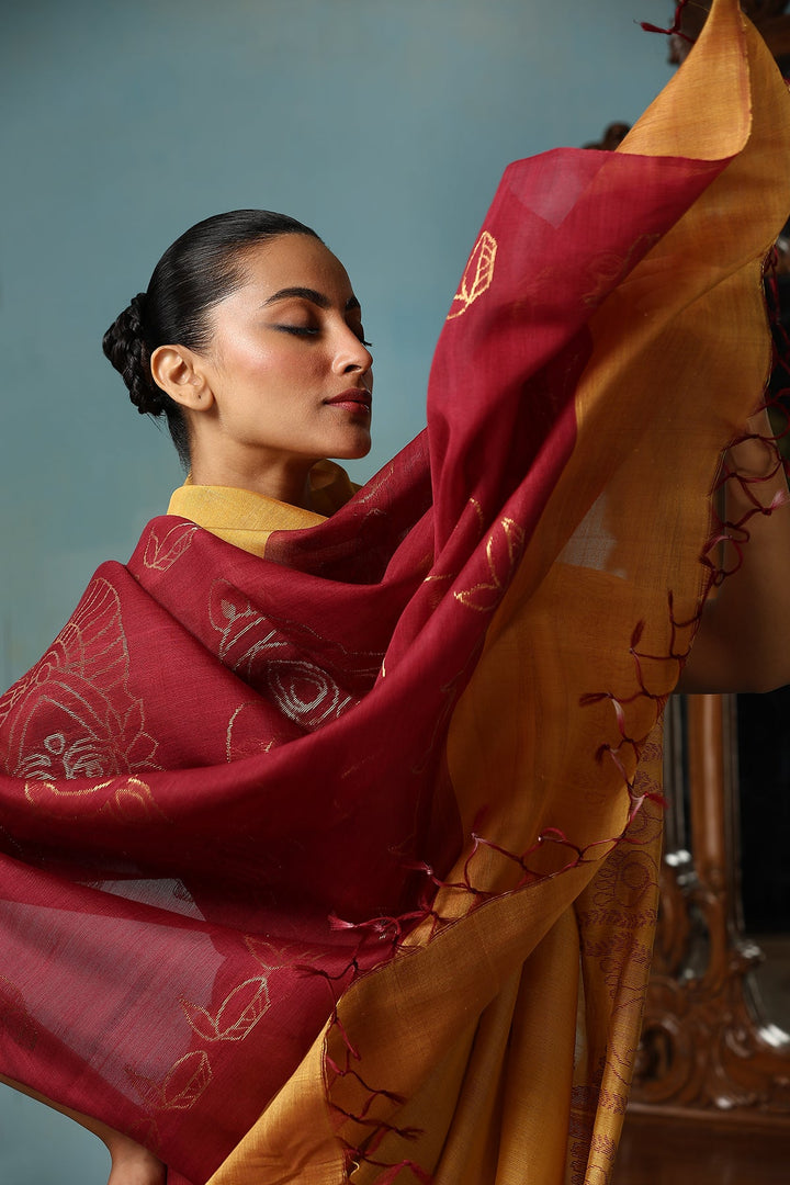 Ganeshji Face and Lakshmi feet design On Pure Handwoven Kosa Tussar silk saree In Mustard and Maroon | SILK MARK CERTIFIED