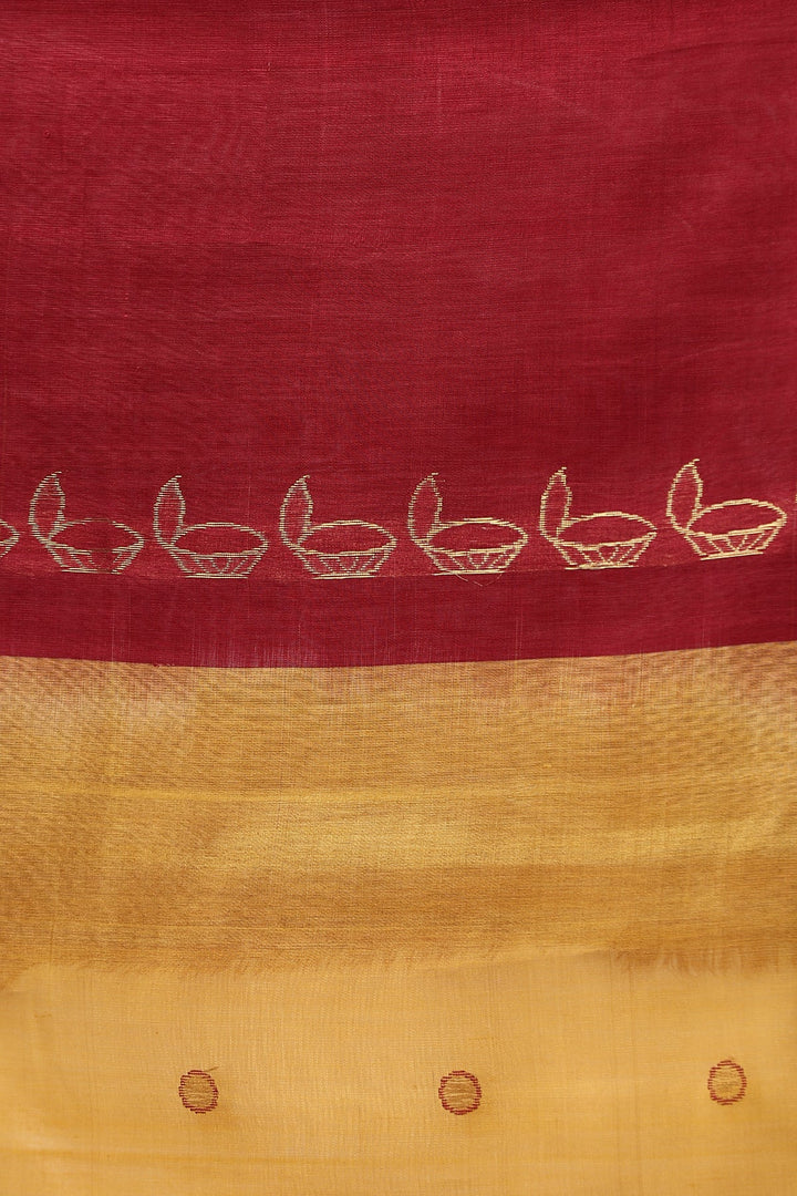 Ganeshji Face and Lakshmi feet design On Pure Handwoven Kosa Tussar silk saree In Mustard and Maroon | SILK MARK CERTIFIED