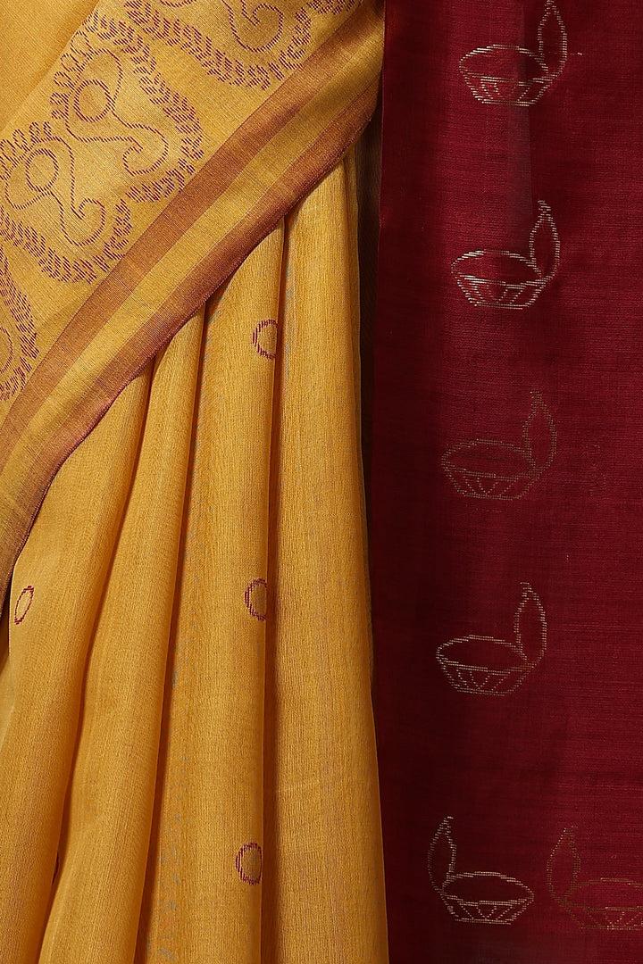 Ganeshji Face and Lakshmi feet design On Pure Handwoven Kosa Tussar silk saree In Mustard and Maroon | SILK MARK CERTIFIED