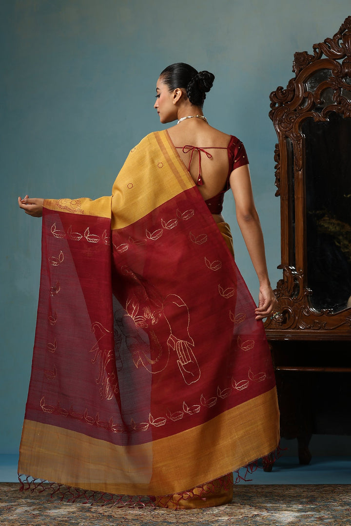 Ganeshji Face and Lakshmi feet design On Pure Handwoven Kosa Tussar silk saree In Mustard and Maroon | SILK MARK CERTIFIED