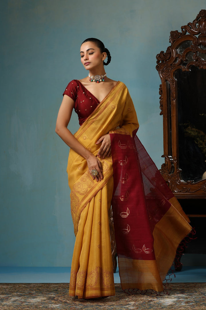 Ganeshji Face and Lakshmi feet design On Pure Handwoven Kosa Tussar silk saree In Mustard and Maroon | SILK MARK CERTIFIED