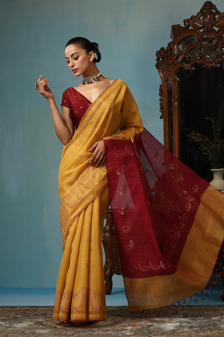 Ganeshji Face and Lakshmi feet design On Pure Handwoven Kosa Tussar silk saree In Mustard and Maroon | SILK MARK CERTIFIED