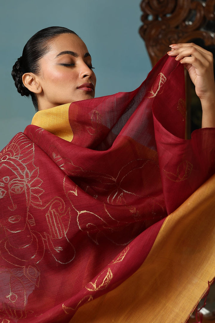 Ganeshji Face and Lakshmi feet design On Pure Handwoven Kosa Tussar silk saree In Mustard and Maroon | SILK MARK CERTIFIED