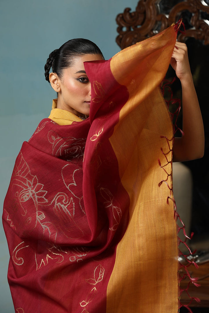 Ganeshji Face and Lakshmi feet design On Pure Handwoven Kosa Tussar silk saree In Mustard and Maroon | SILK MARK CERTIFIED