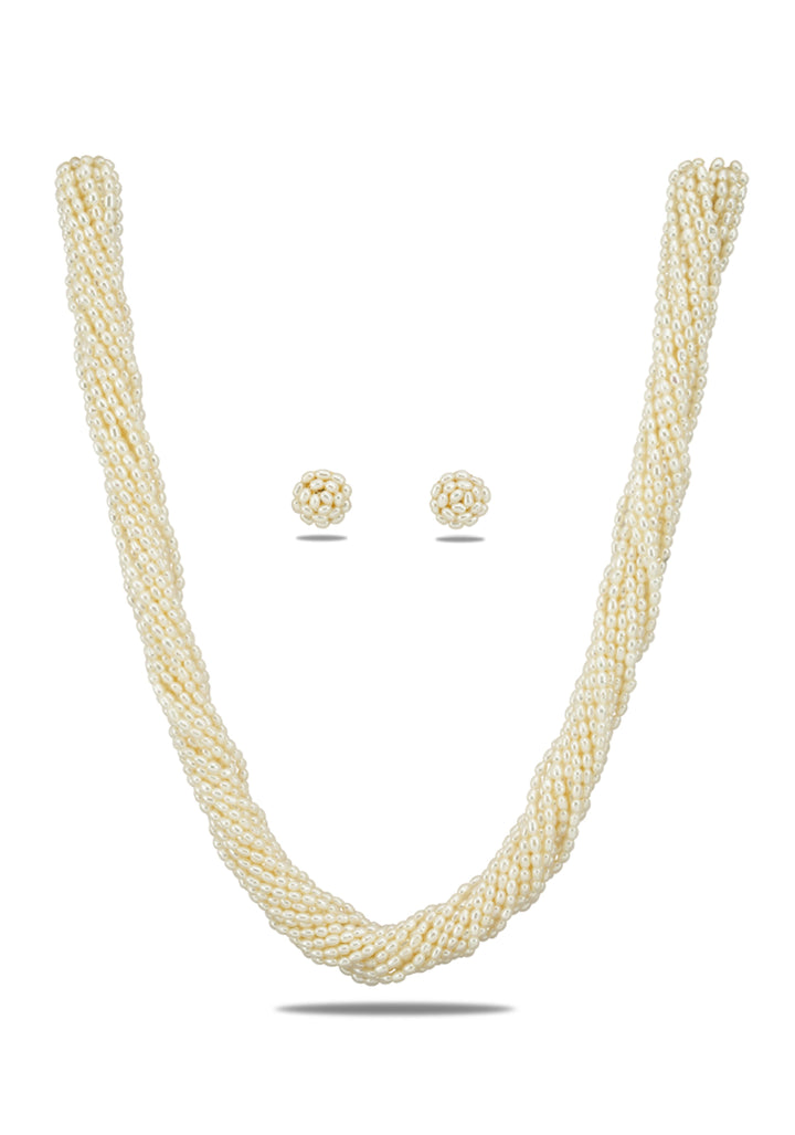 17 Strand Twisted White Rice Pearl Necklace and Earrings Set